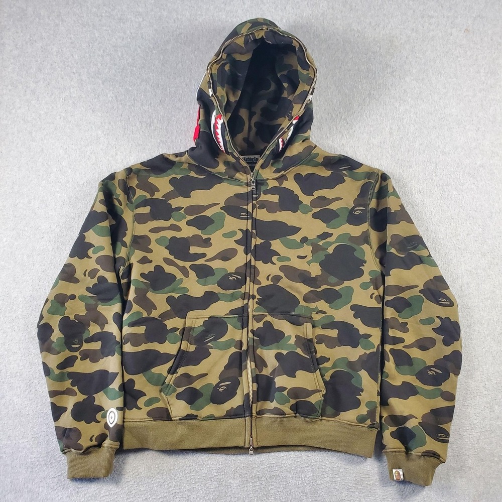 A Bathing Ape Hoodie Womens 2XL Green Camo Shark Tiger Full Zip WGM Fleece